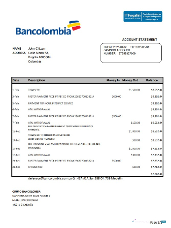 Download Colombia Bancolombia bank statement excel Photoshop template